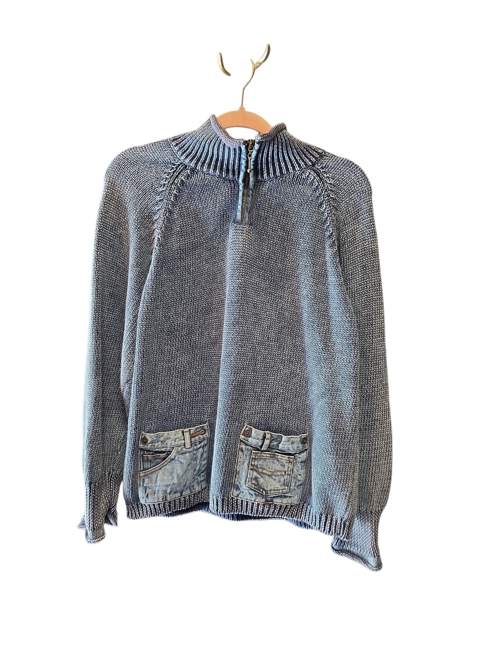 Pbj Blues Half-Zip Knit Sweater with Denim Patch Pockets - Light Blue